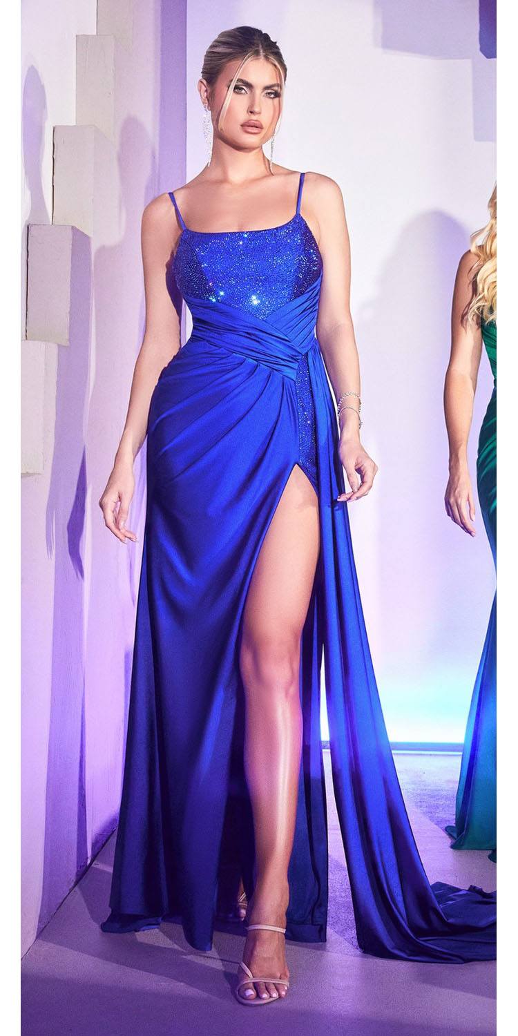 Cinderella Divine CD0201 Long Hot Stone Draped Gown with Slit