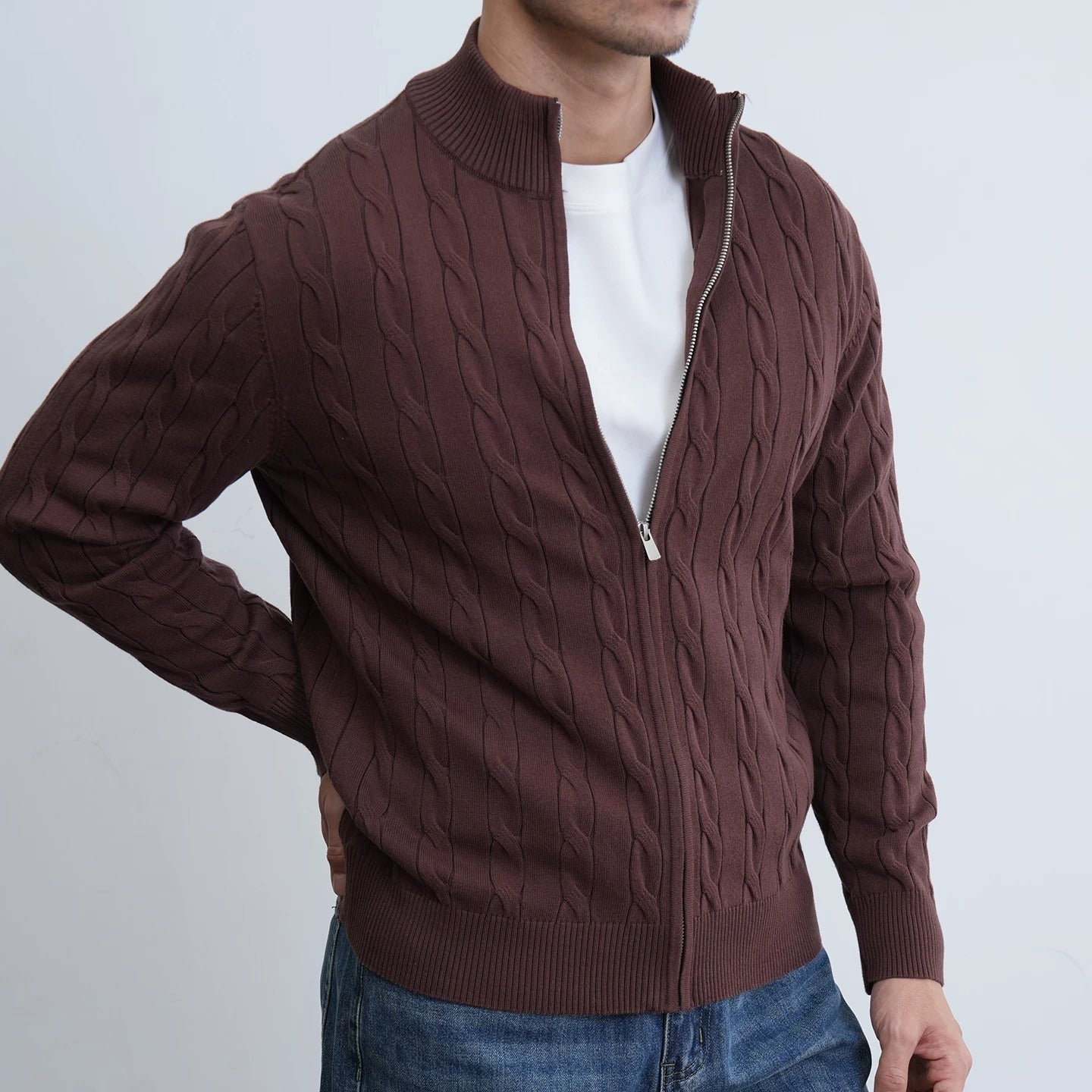 Mens Casual Slim-fit Jacquard Knitted Coat With A Stand-up Collar