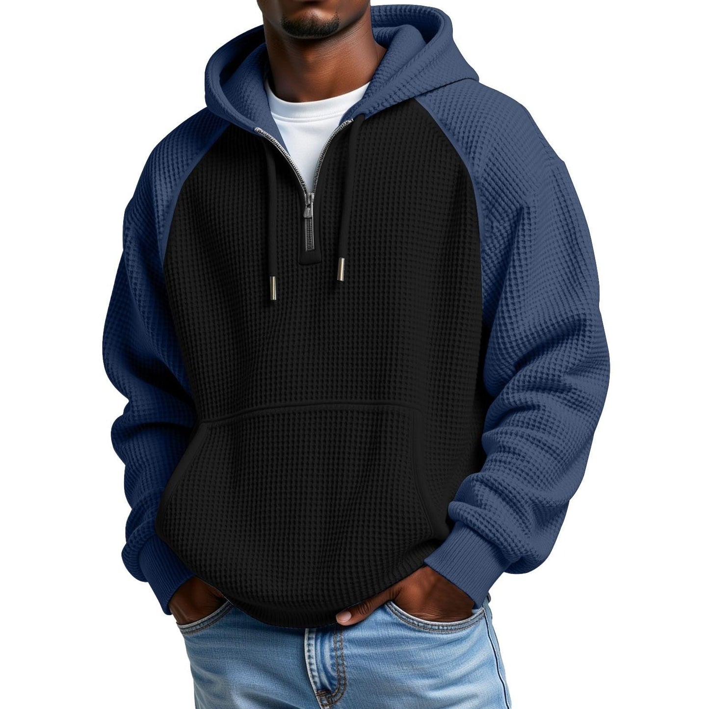 Color-block Waffle-knit Long-sleeve Hooded Jacket
