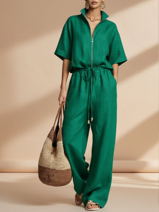 Women's Zip-Up Crew-Neck Top & Wide-Leg Pants Set
