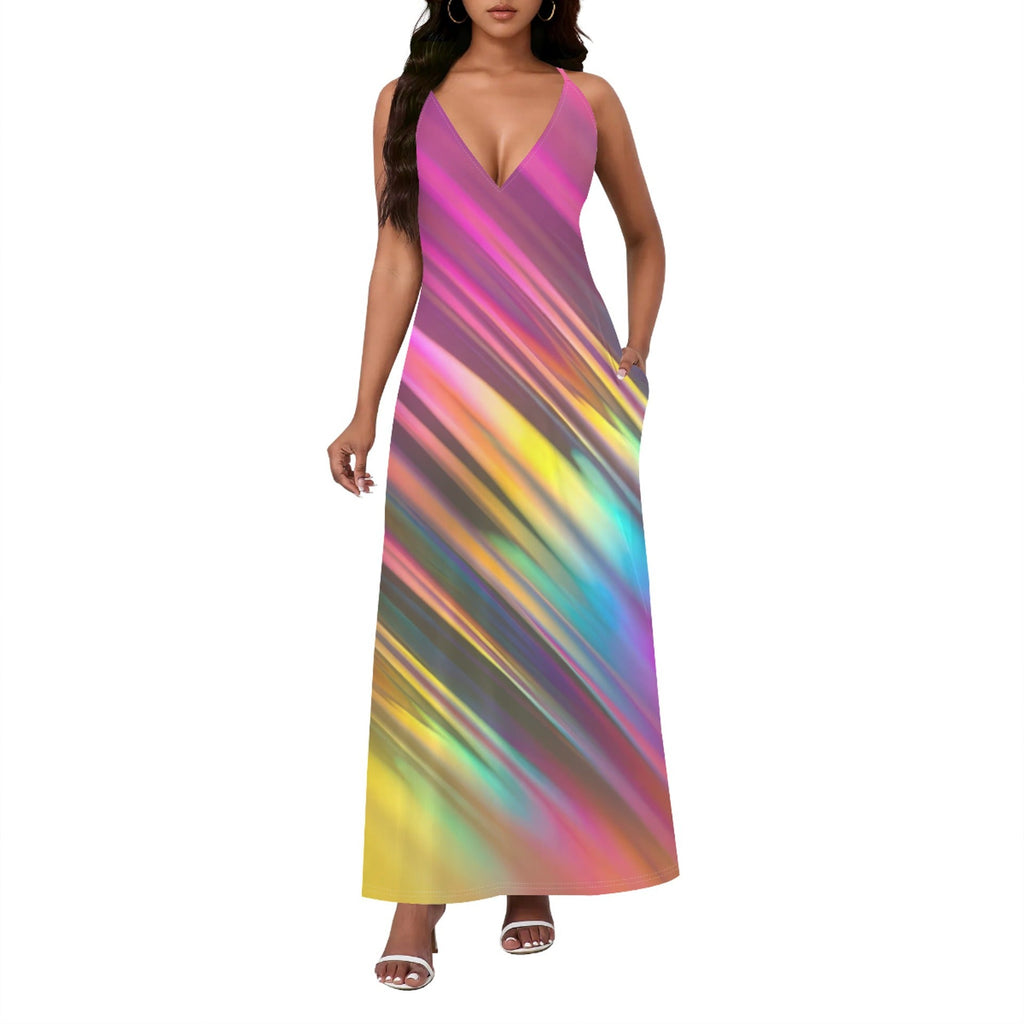 Bold Colorful Patterned Loose-fitting Sexy Backless Slip Dress
