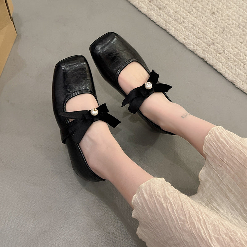 Korean Version Of Pearl Bow Single Shoes Women's Shoes 2026 Spring New Item With Increased Height Ballet Shoes French Mary Jane Shoes