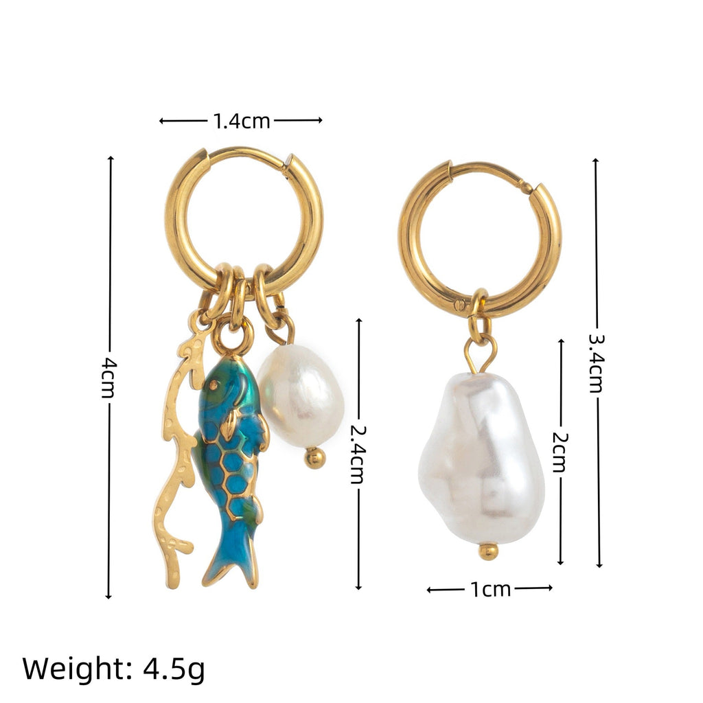 Fashionable Coral Small Fish And Conch Shell Earrings