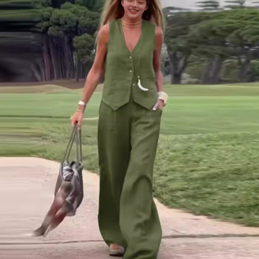 Women's Casual Solid Color Vest Trousers Suit