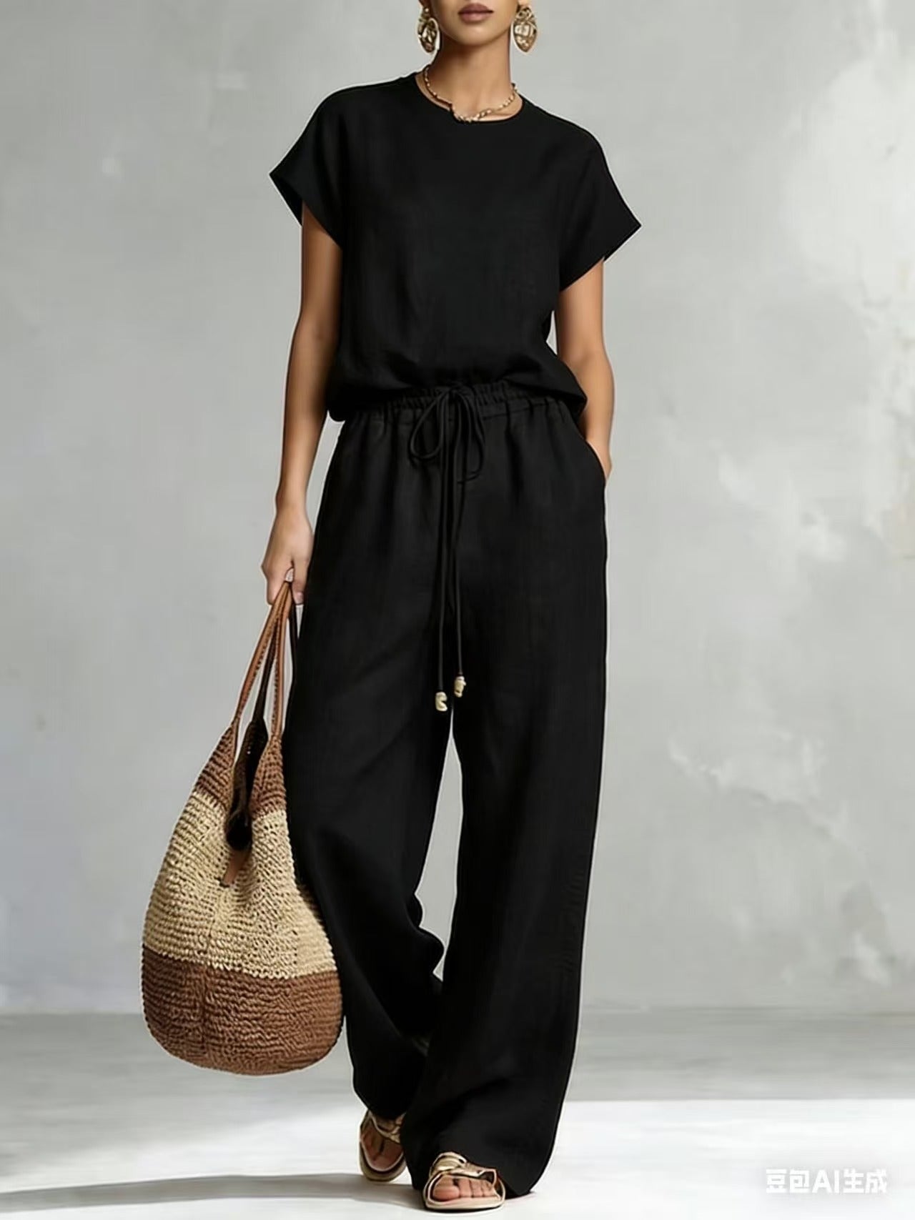 Women's Zip-Up Crew-Neck Top & Wide-Leg Pants Set