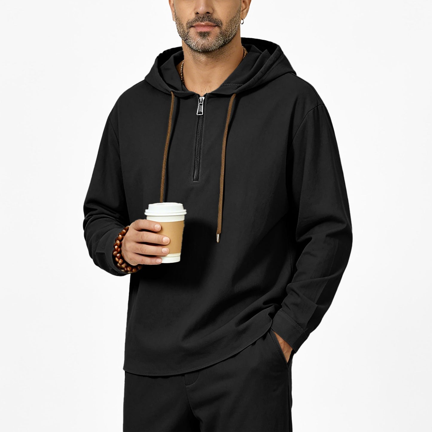Mens Linen Hooded Half-Zip Sweatshirt