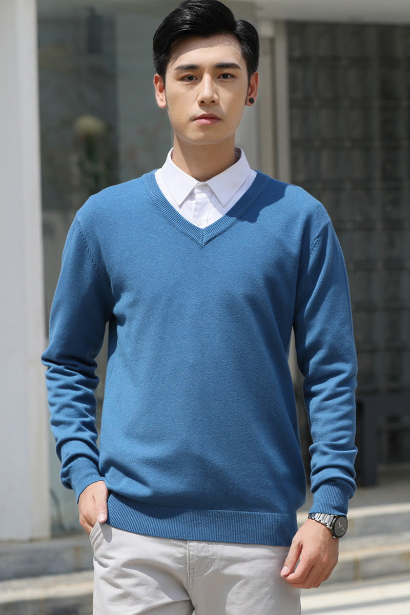 Mens Loose-Fit V-Neck Sweater Thick And Warm Knitted Top
