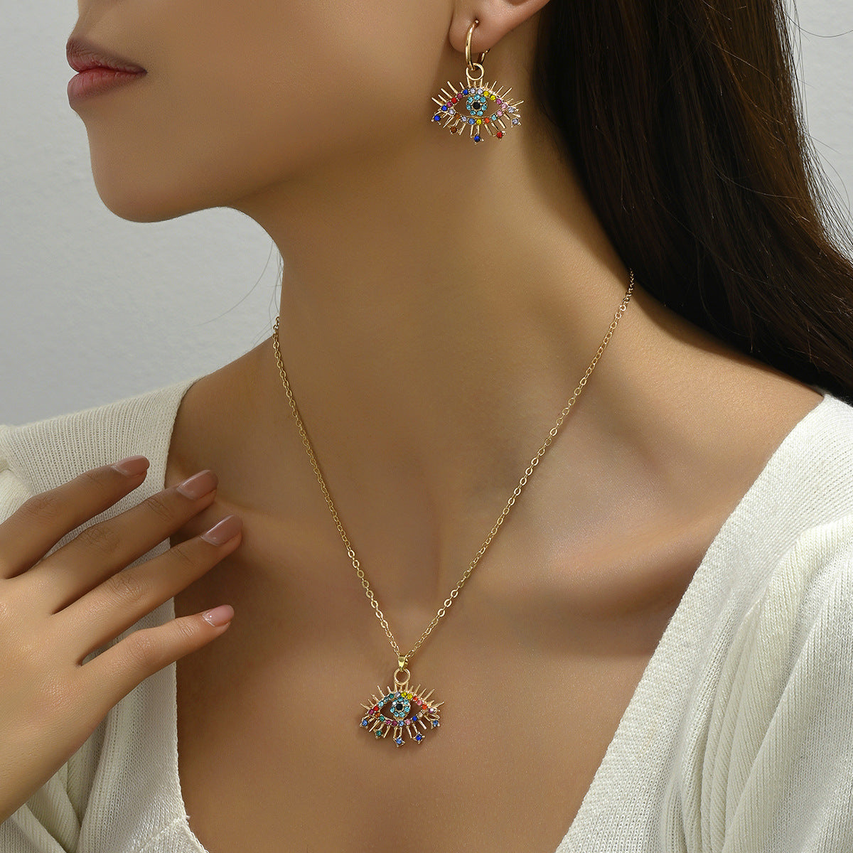 2026 New Hip Hop Women Jewelry Set, Niche Evil Eye Design Stud Earrings & Long Cubic Zirconia Inlaid Clavicle Chain