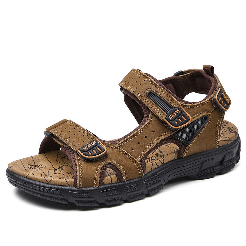 Summer Sandals Men's Thick-soled Open Toe Head Layer Cowhide Men's Beach Shoes Soft-soled Fashionable Plus Size Outdoor Casual Shoes