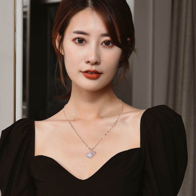 Dainty Ginkgo Leaf Pendant Necklace For Women, Shell & Zircon Adjustable Collarbone Chain, Elegant Long Sweater Chain Fashion Jewelry