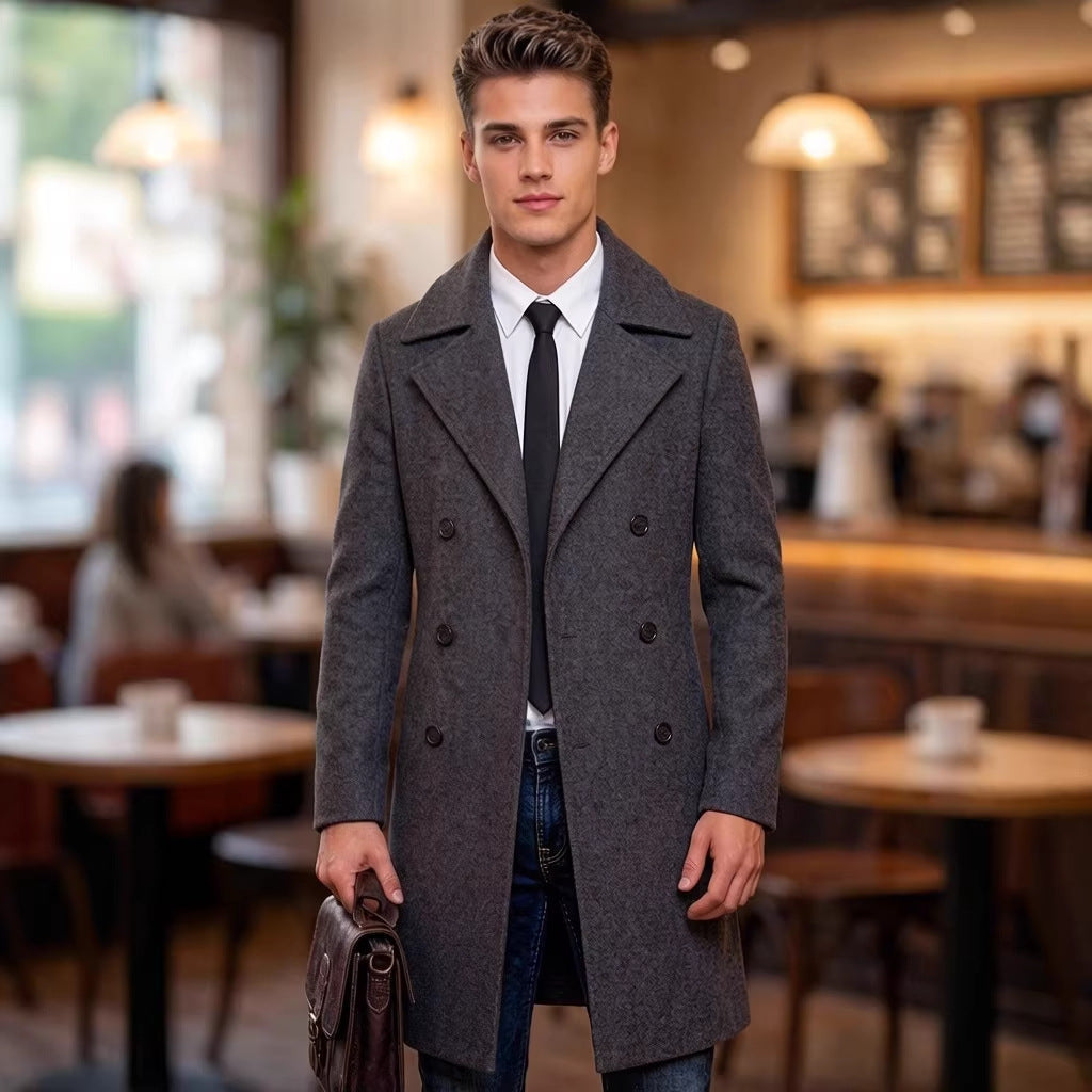 Men's Mid-Length Trench Coat - European American Style Solid Color Single-Breasted Casual Jacket for Daily Wear