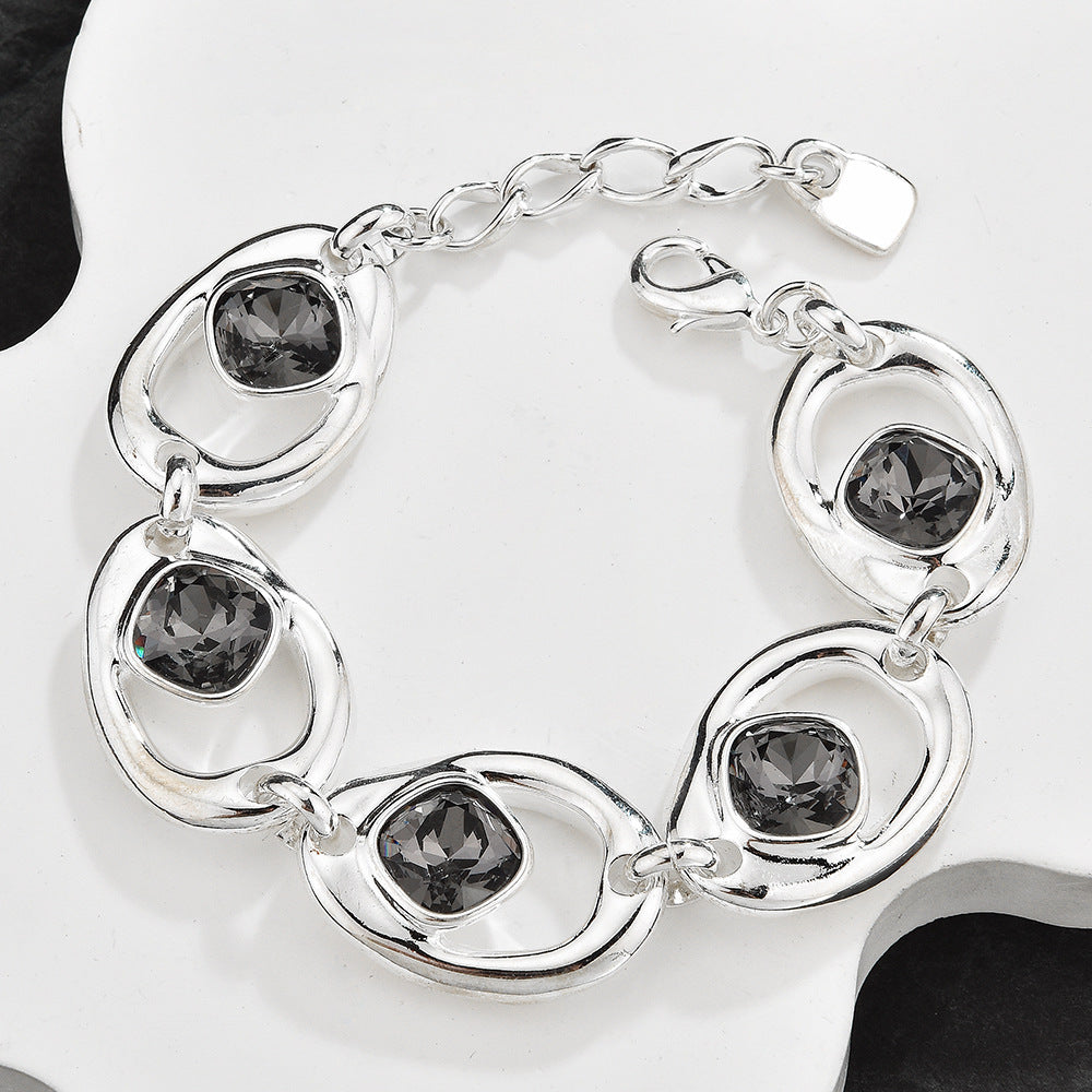 Hollow Geometric Black Crystal Jewelry Set For Women, Adjustable Bracelet Ring Earrings 3Pcs Matching Set, Minimal Cool Fashion Jewelry