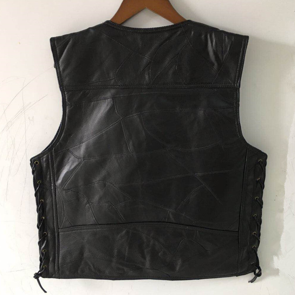 Classic Leather Biker Vest Mens WaistcoatPatchwork Sleeveless Jacket