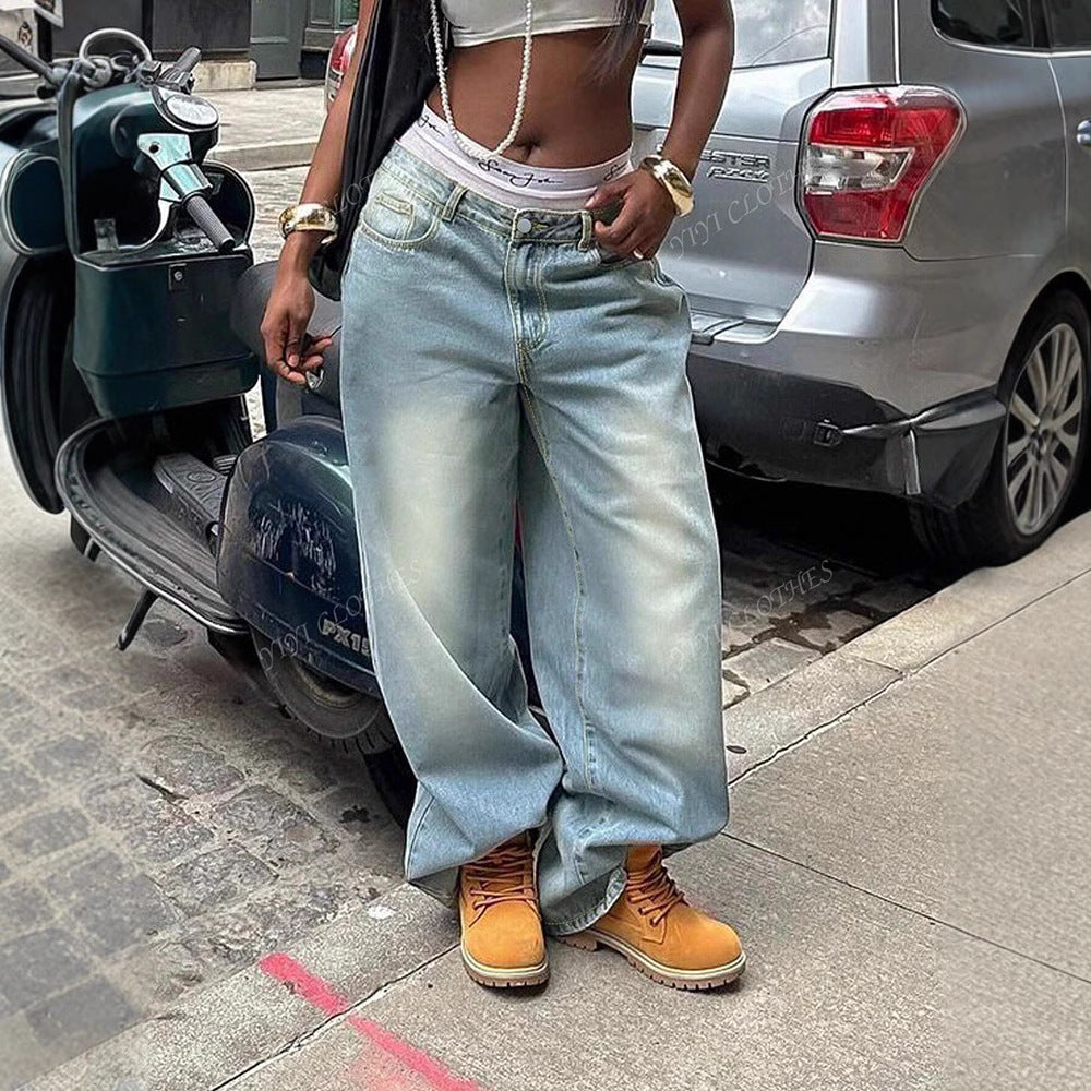 American-style Distressed Washed-out Denim Jeans