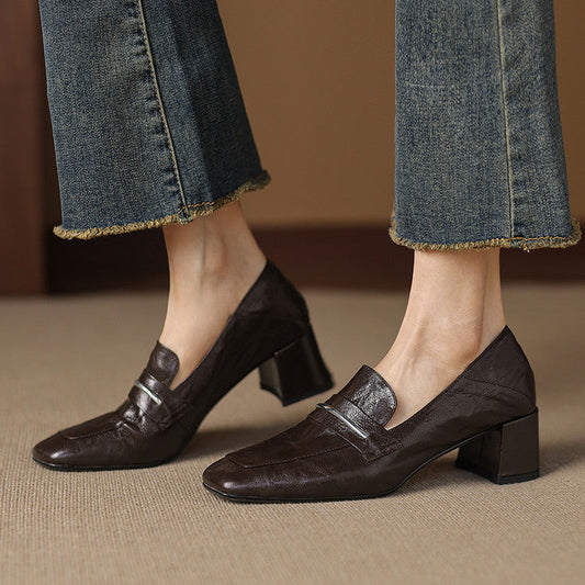 Women’s Sheepskin Square Toe Chunky Heel Pumps