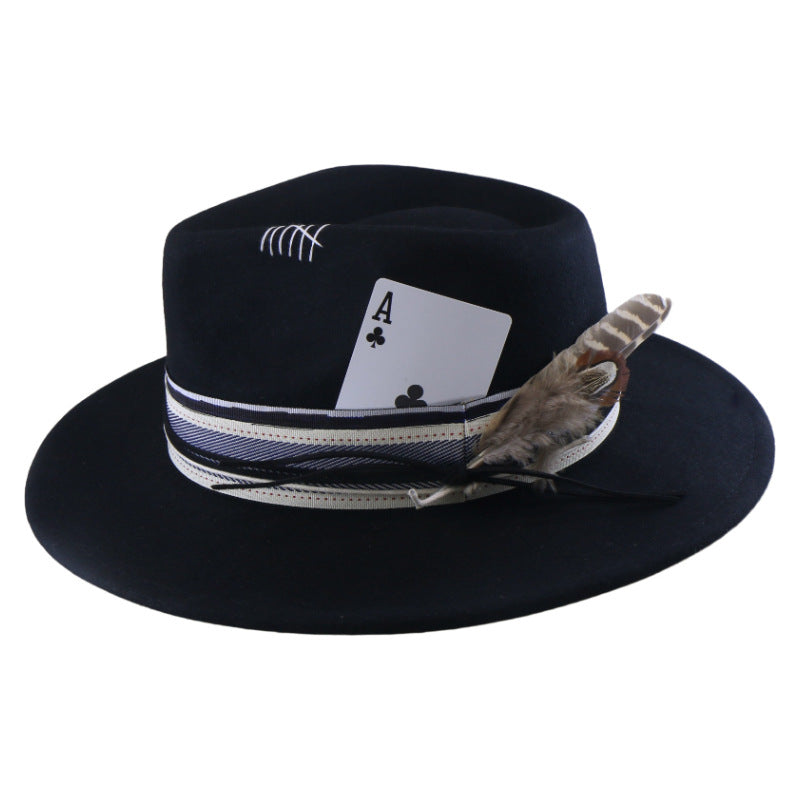 Wool Felt With Feathers Fallwinter Flat-brim Jazz Hat