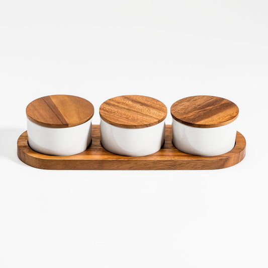 Ceramic Condiment Set With Acacia Wood Base 13in x 3.75in - 3 Bowls With Lids