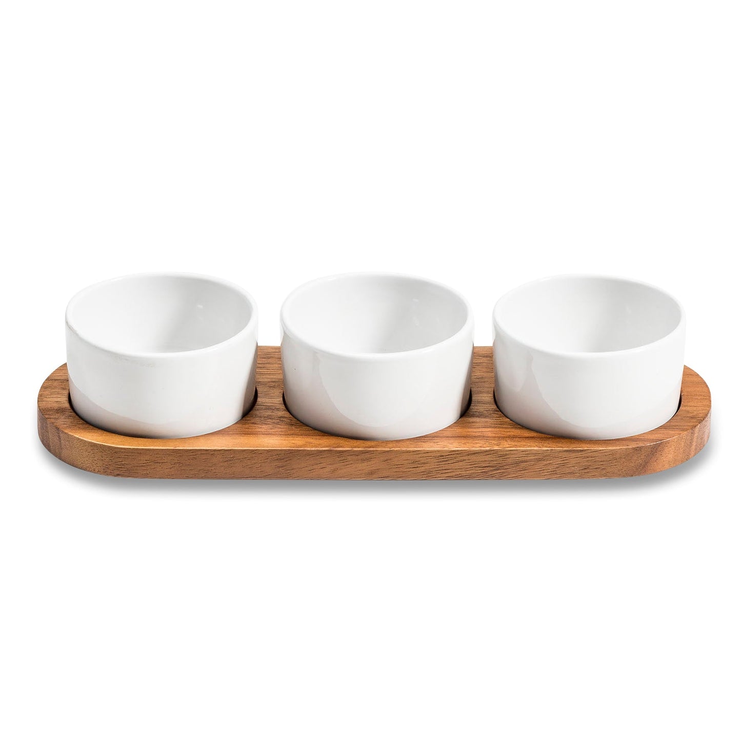 Ceramic Condiment Set With Acacia Wood Base 13in x 3.75in - 3 Bowls With Lids