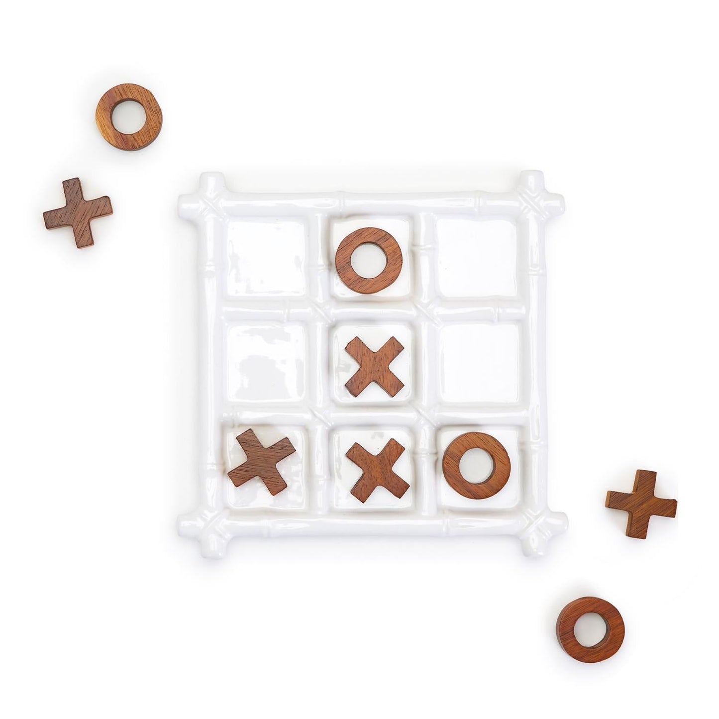 Keramik-Tic-Tac-Toe-Spiel, Bambus-Imitat-Brett mit Akazienholzfiguren, Deko