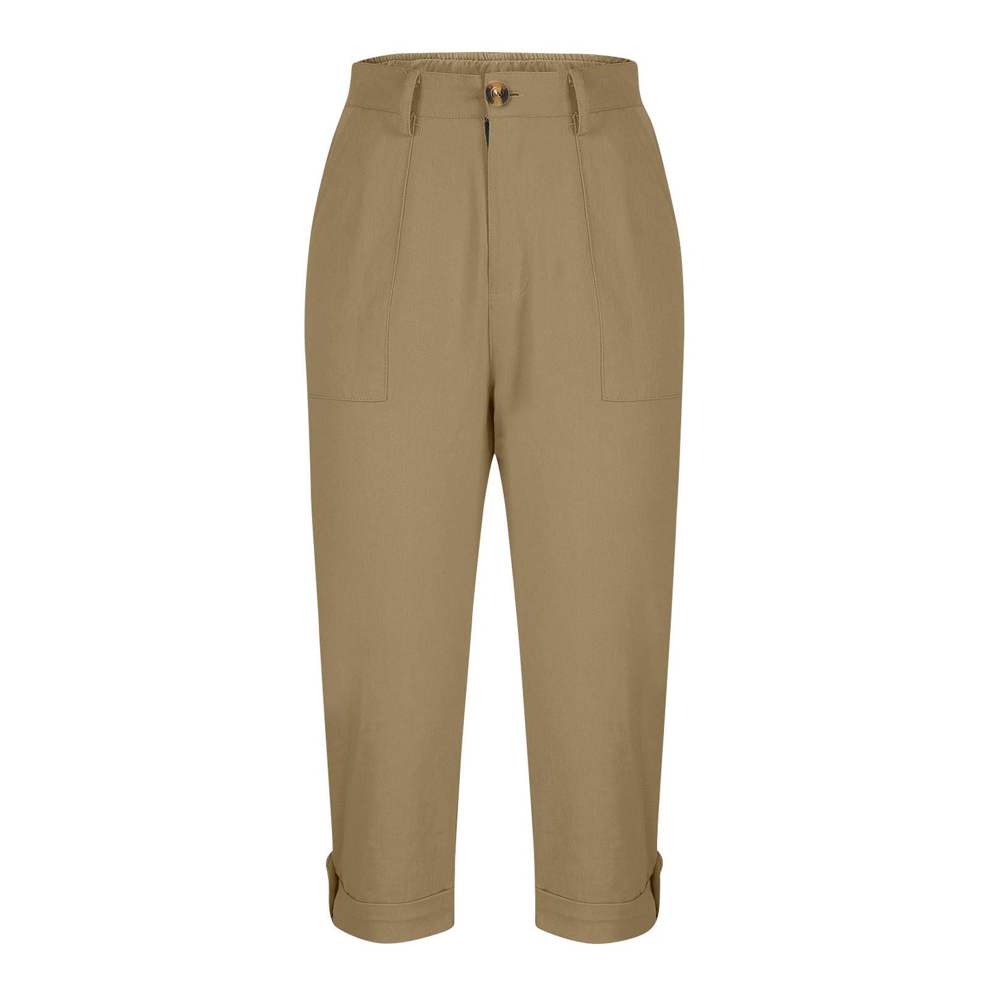Womens Solid-color Buttoned Roll-up Capri Pants