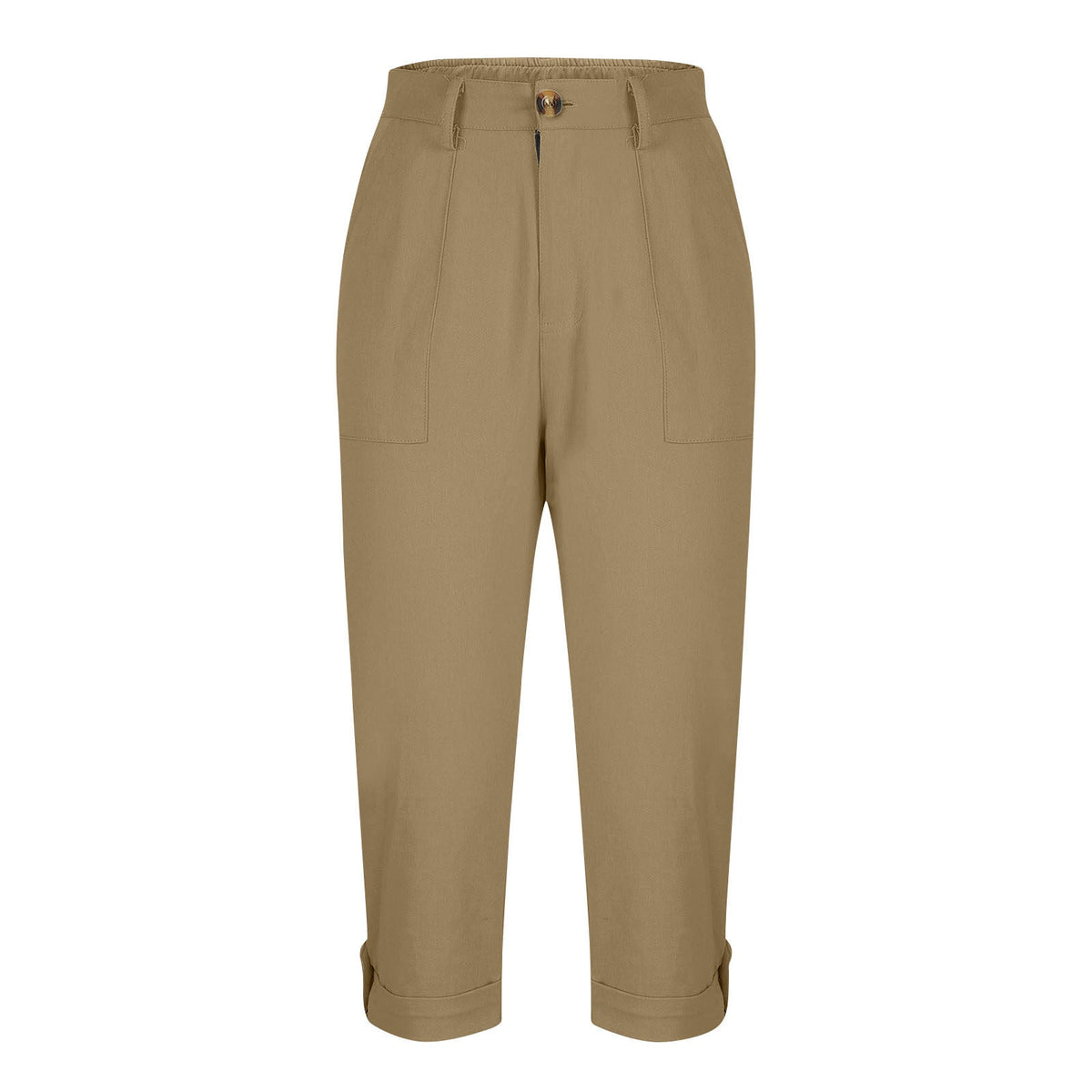 Womens Solid-color Buttoned Roll-up Capri Pants