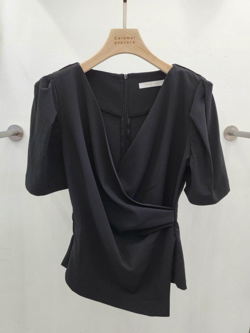 Womens Solid-Color French-Style Chic Asymmetrical Cross V-Neck Short-Sleeve Top