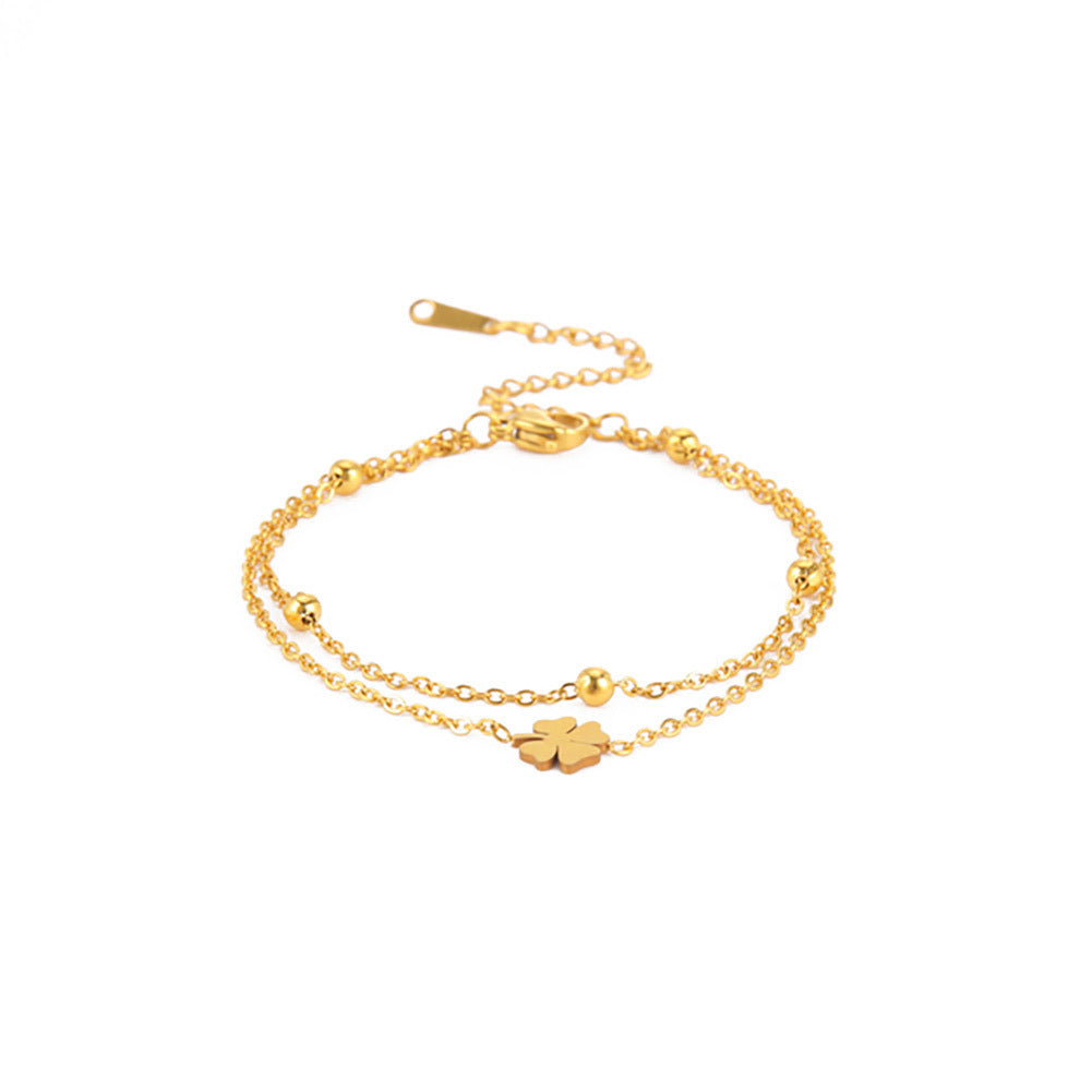 Stainless Steel Cut Clover Charm Double-layer Ankle Bracelet For Women