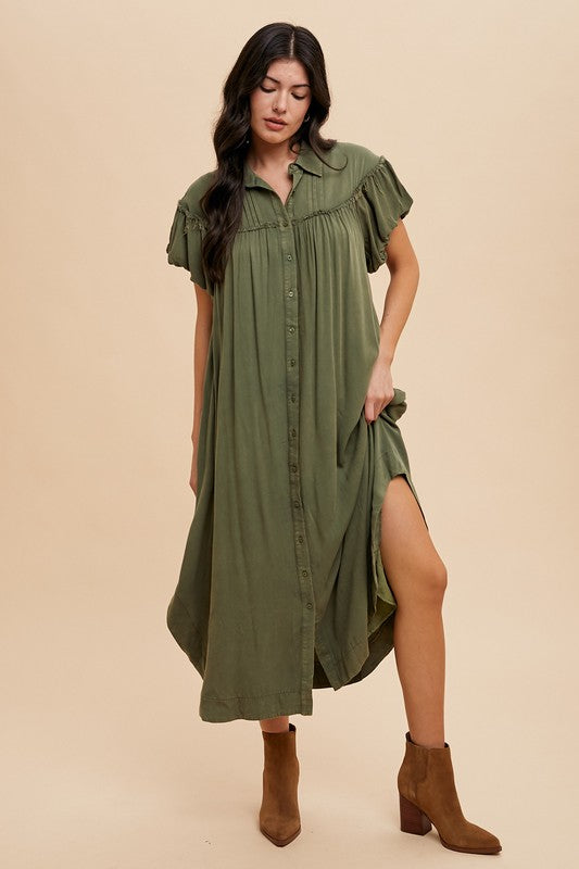 Mineral Washed Button Down Puff Sleeve Shirt Dress For Women – Fluttering, Fashionable Button Down Dress with Puff Sleeves, Mineral Wash for an Effortlessly Chic Look