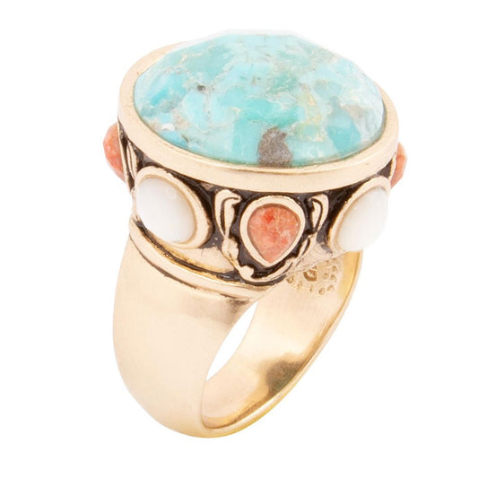 Bague Déclaration Champs Bleu Turquoise et Corail Doré