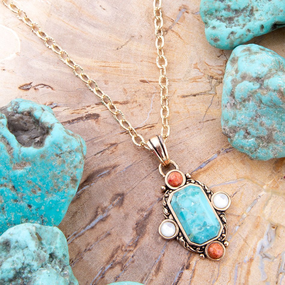 Collier pendentif Champs Bleu Turquoise et Corail Orange Doré