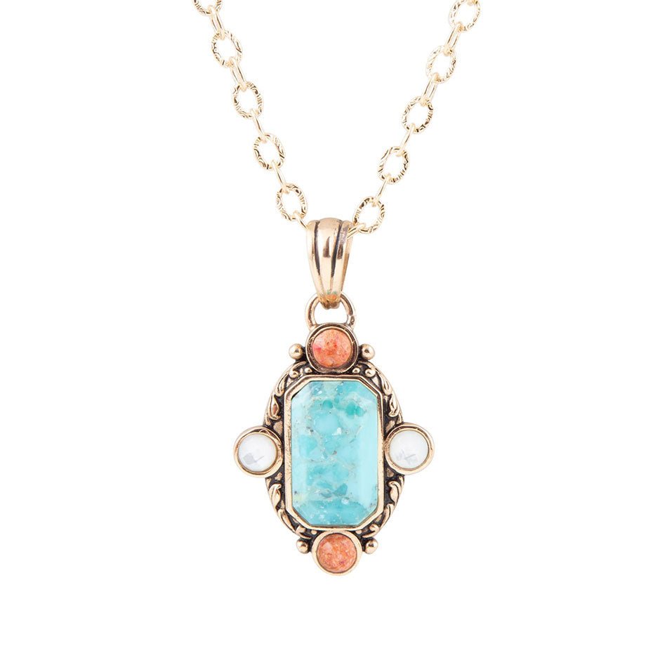 Collier pendentif Champs Bleu Turquoise et Corail Orange Doré