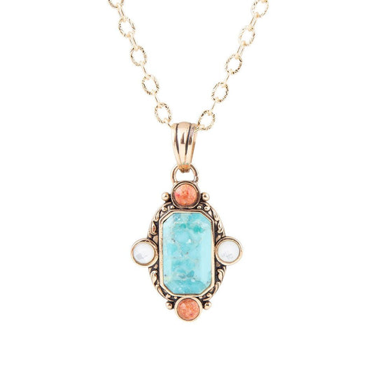 Collier pendentif Champs Bleu Turquoise et Corail Orange Doré