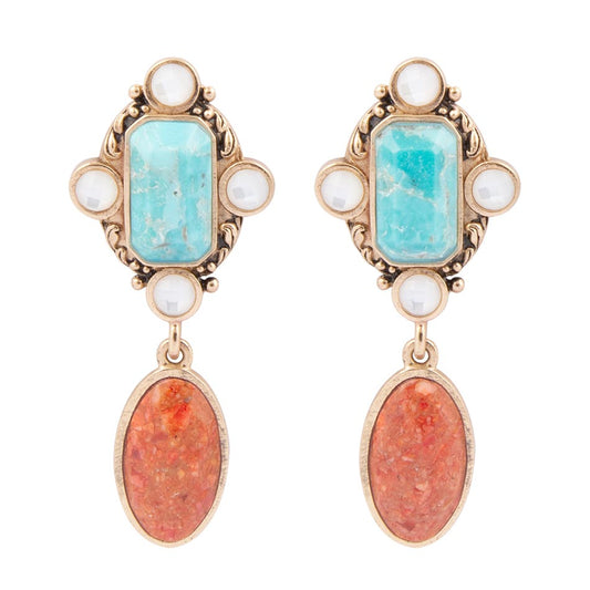 Boucles d'oreilles pendantes dorées Champs Turquoise bleu et Corail orange