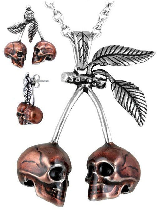 Ensemble Pendentif Gothique Collier et Boucles d'Oreilles Tête de Mort Cerise