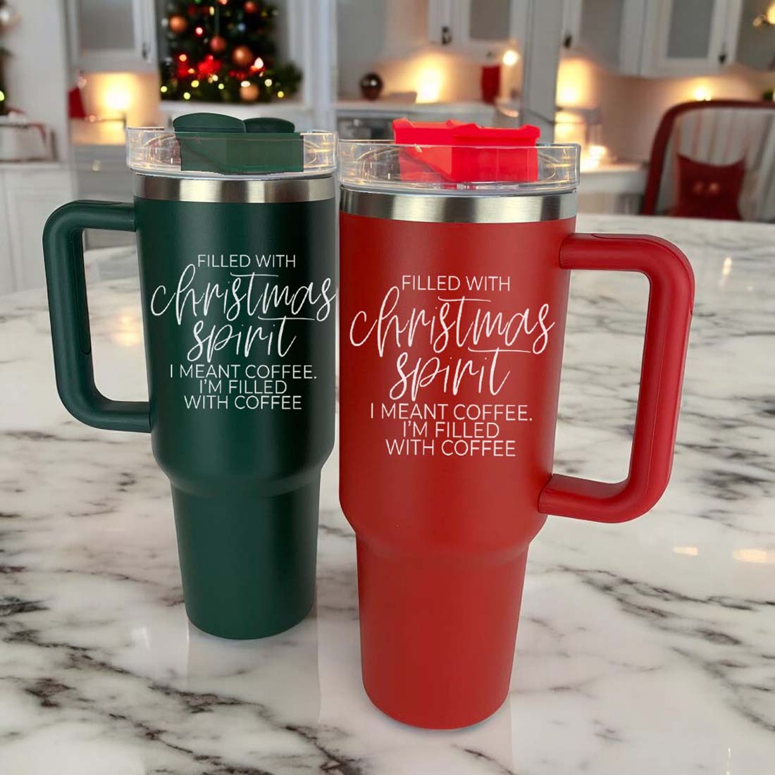 Gobelet isotherme de Noël de 1,2 L avec anse, couvercle et paille - Tasse à café