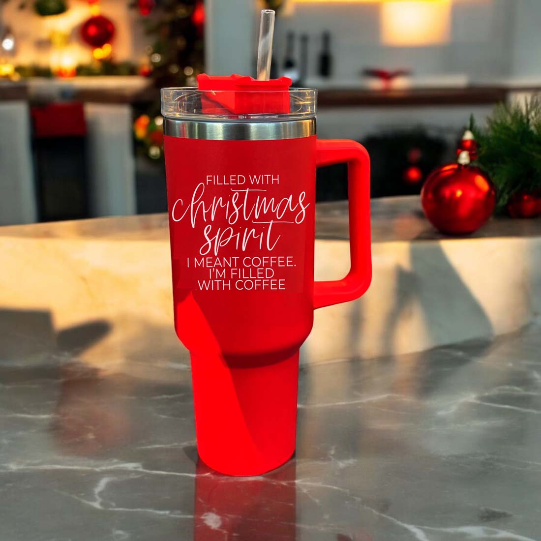 Gobelet isotherme de Noël de 1,2 L avec anse, couvercle et paille - Tasse à café