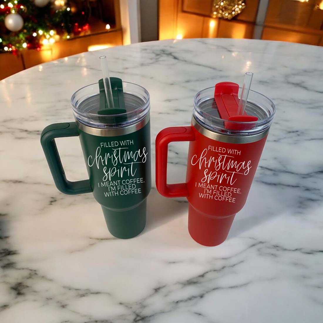Gobelet isotherme de Noël de 1,2 L avec anse, couvercle et paille - Tasse à café