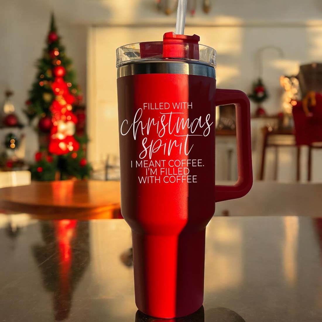 Gobelet isotherme de Noël de 1,2 L avec anse, couvercle et paille - Tasse à café