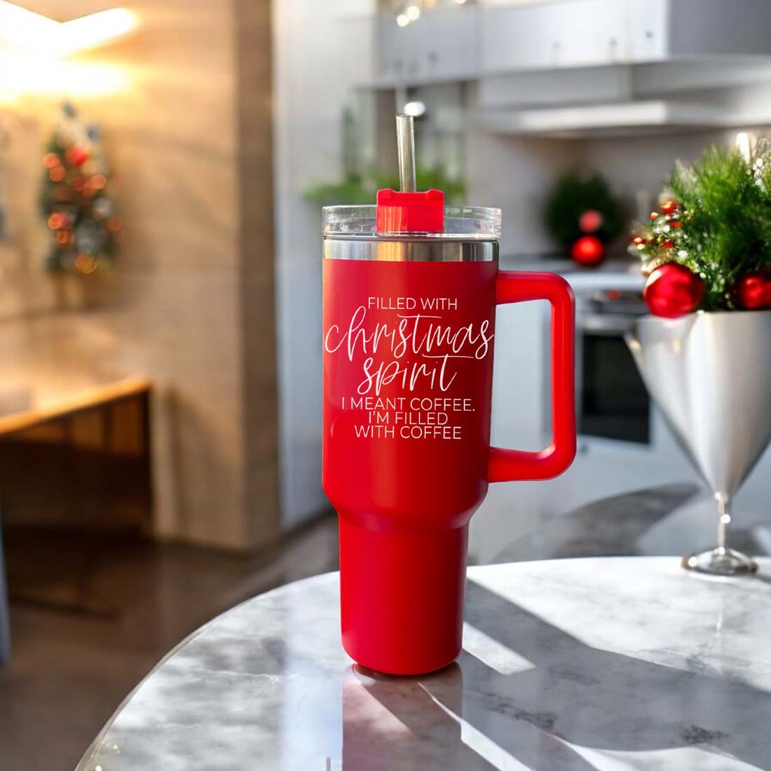 Gobelet isotherme de Noël de 1,2 L avec anse, couvercle et paille - Tasse à café