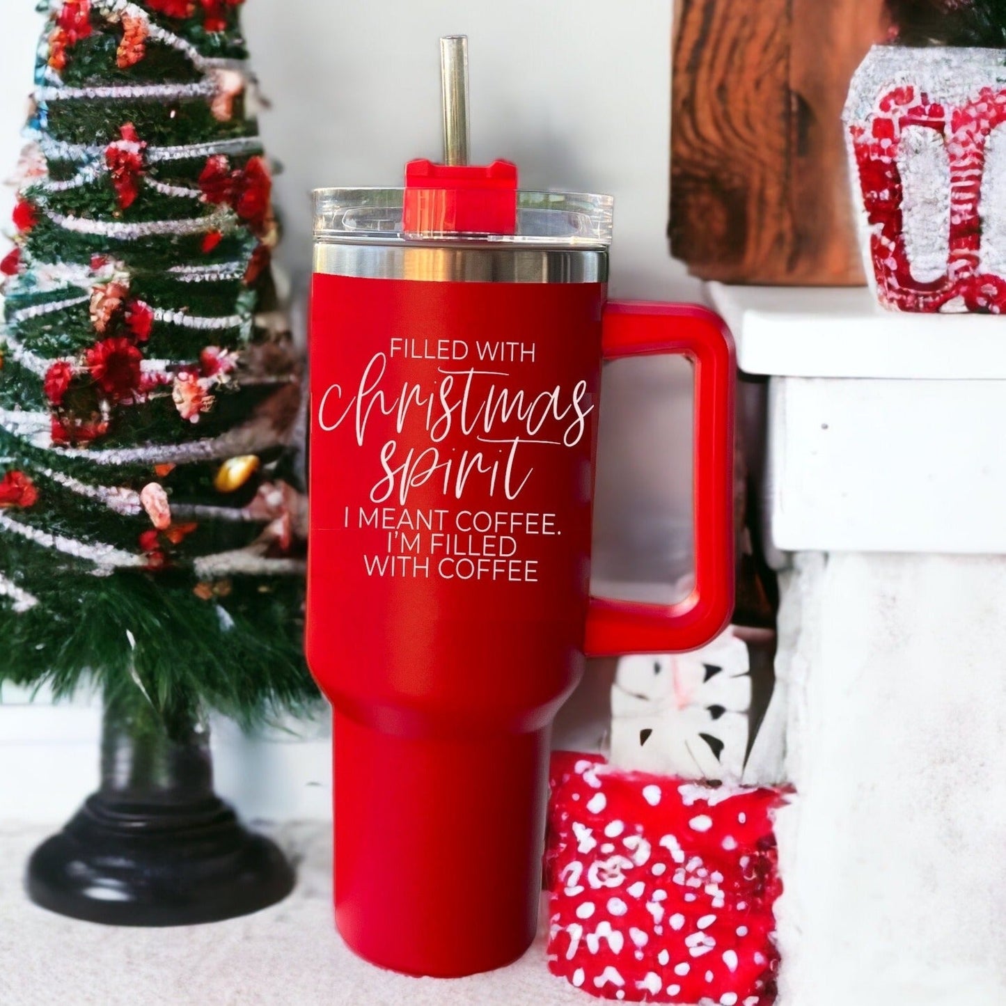 Gobelet isotherme de Noël de 1,2 L avec anse, couvercle et paille - Tasse à café