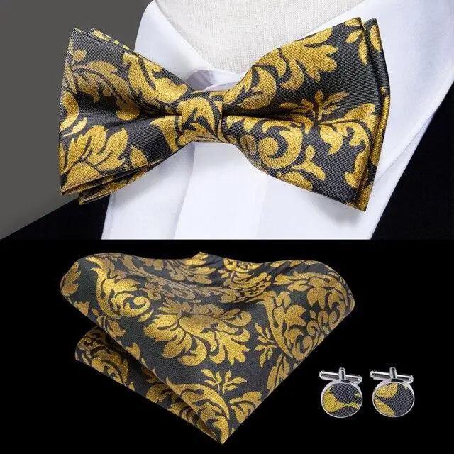 Classic Green Bow Ties Men Silk Butterfly Tie  With Pocket Square And Cufflinks Set For Men Elegant Design Wedding Party Bowties Solid Color Gentleman Bow Tie And Pocket Square Cufflink Set