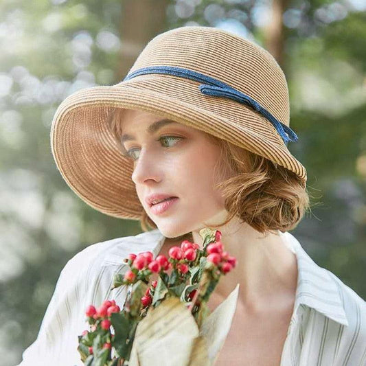 Chapeau de paille de style classique pour femmes Chapeau de soleil pliable d'été pour femmes Grand chapeau de soleil vintage Chapeau de paille à larges bords pour femmes Chapeau de plage d'été pour fêtes de vacances 56-58CM