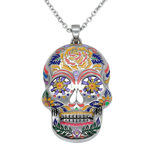 Collier Pendentif Crâne Fleuri Coloré Jour des Morts