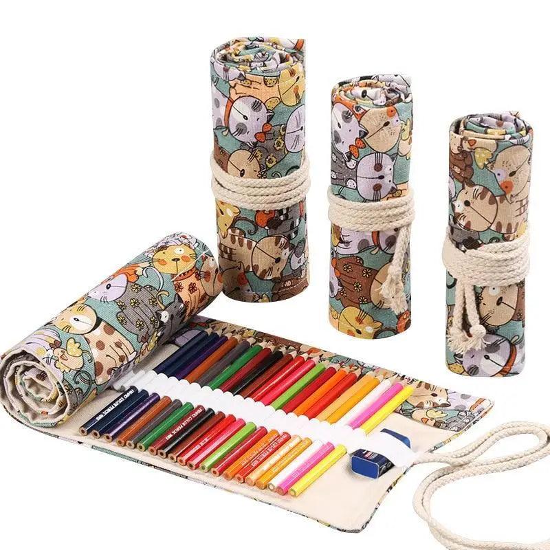 Colorful Roll Up Pencil Case Canvas Flowers Style Colored Pencils Wrap Multi-Purpose Pen Holder Cute Case