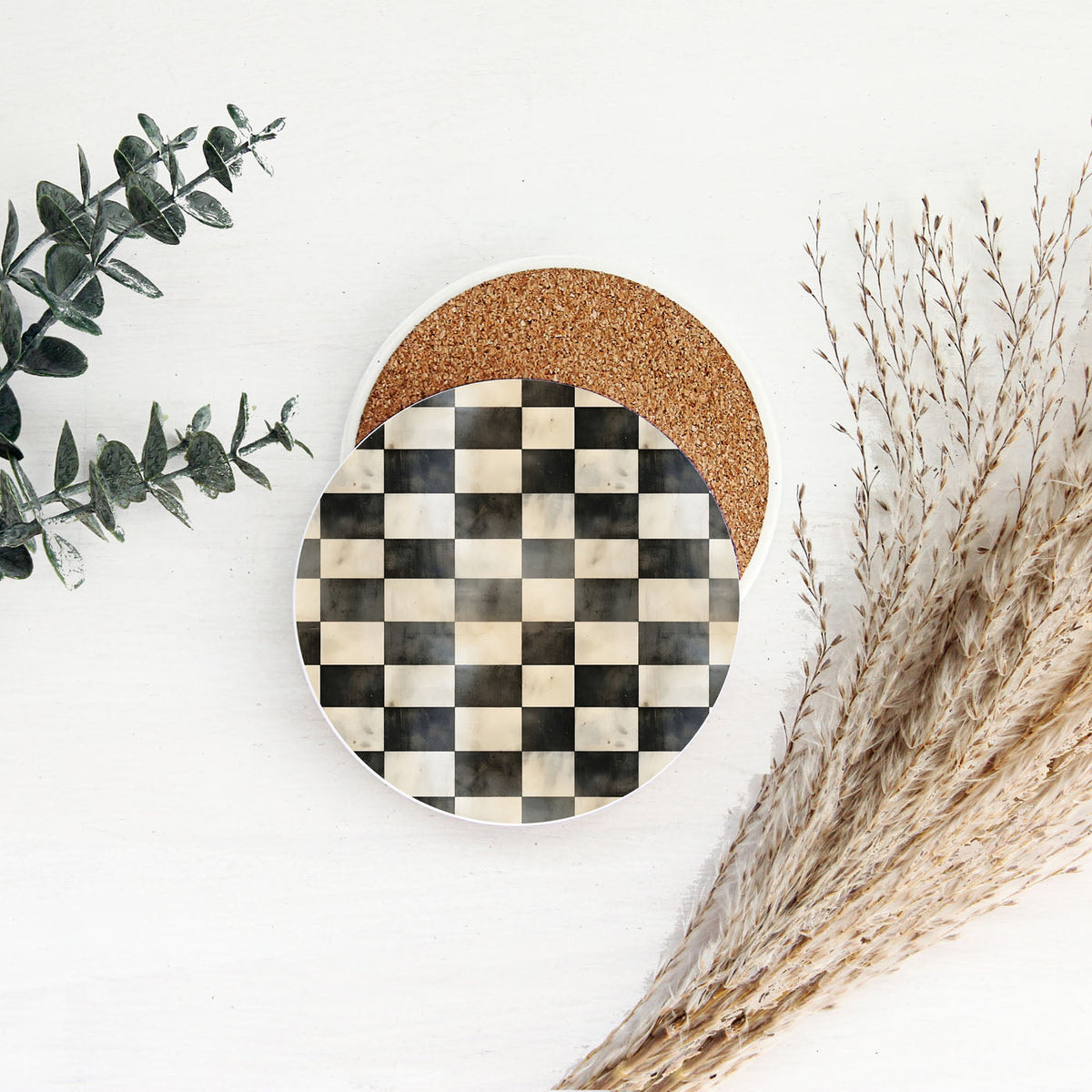 Spring Ceramic Coasters Set of 4 Courtly Check Designs Absorbent Drink Coasters for Table Protection