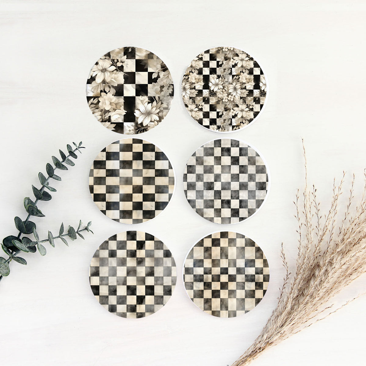 Spring Ceramic Coasters Set of 4 Courtly Check Designs Absorbent Drink Coasters for Table Protection