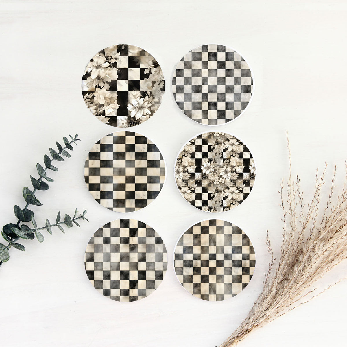 Spring Ceramic Coasters Set of 4 Courtly Check Designs Absorbent Drink Coasters for Table Protection