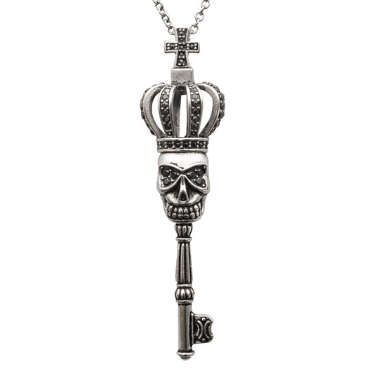 Collier Clé Tête de Mort Couronnée Pendentif Couronne Gothique Argent