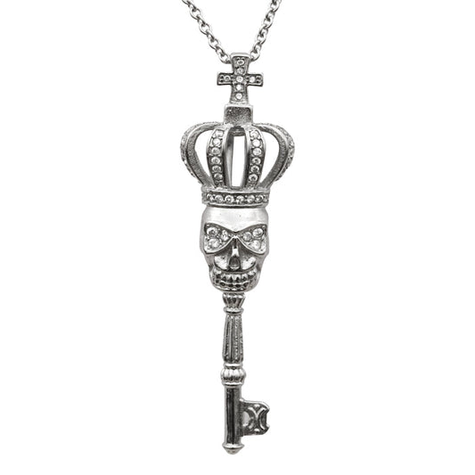 Collier Clé Tête de Mort Couronnée Pendentif Gothique Chaîne Argentée
