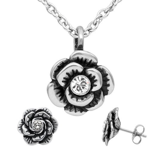 Parure Collier et Boucles d'Oreilles Fleur en Cristal Ton Argent